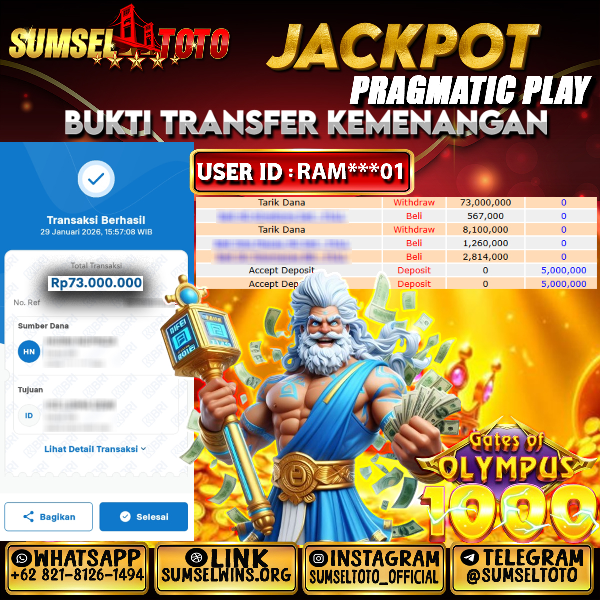 SUMSELTOTO JACKPOT SLOT GATES OF OLYMPUS 1000 Rp.73,000,000.,- LUNAS
